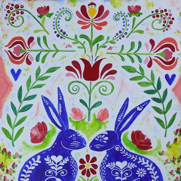 Scandinavian Rabbits Giclée Folk Art Print of Oil Painting Whimsical Rosemaling - Picture 7 of 9